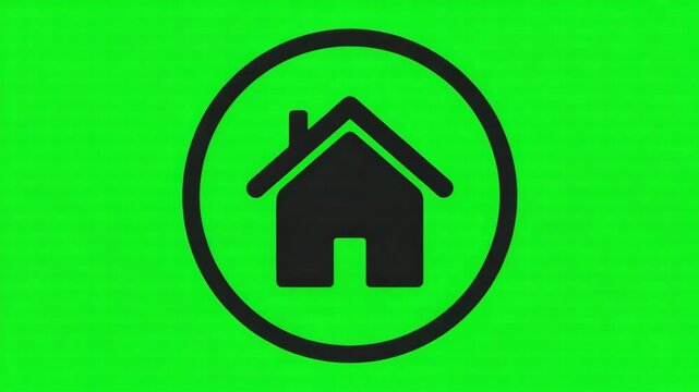 A black house icon inside a circle on a green background symbolizing real estate or home 4k video