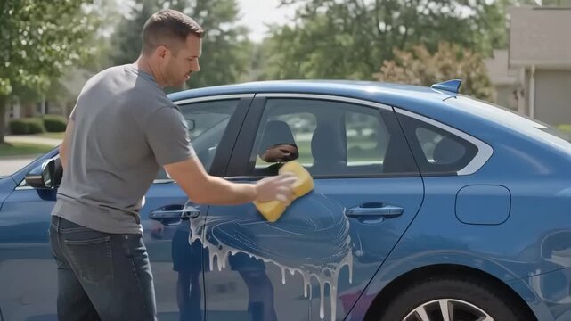Man washing a blue car in a suburban driveway. Male using a yellow sponge and soapy water from a red bucket to clean the vehicle exterior. Routine auto maintenance on a sunny day