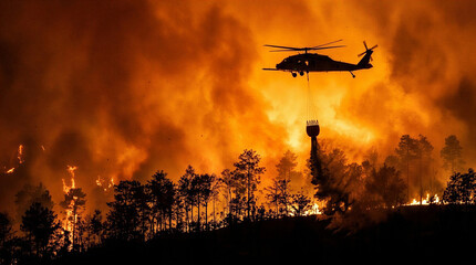 Fototapeta na wymiar Wildfire Disaster with Helicopter Fighting Forest Fire