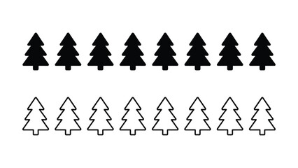 Collection of simple black filled and outline evergreen Christmas tree icons arranged in two rows for holiday design isolated on a white background © BadshaStock
