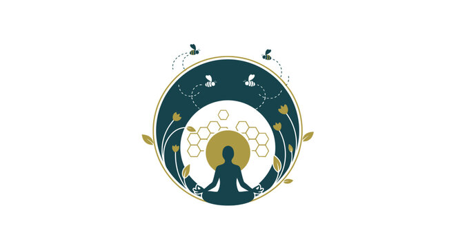 Serene meditation figure in lotus pose surrounded by buzzing bees, golden honeycomb, and lush foliage, symbolizing inner peace and harmony with nature's vibrant energy