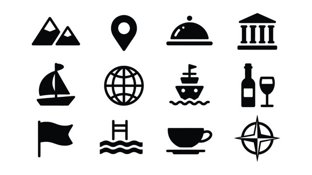 Collection of twelve distinct vector icons representing travel and leisure activities and destinations for diverse applications isolated on a white background
