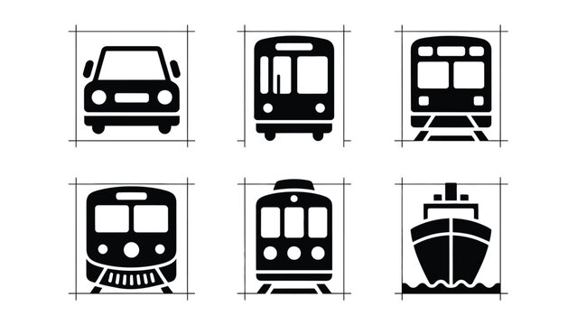 Collection of six distinct transportation vector icons depicting a car various trains and a cargo ship presented within framing guides isolated on a white background
