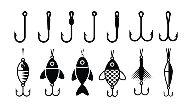 Collection of various fishing hooks and lures designed for catching different types of fish in water isolated on a white background