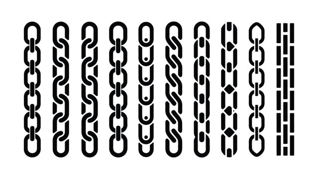 Various chain designs including thick thin linked and broken chains for design projects isolated on a white background