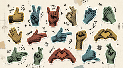 Hand gestures halftone art collage stickers set. Trendy magazine cut out signs with vintage dot texture and doodles. Fun retro grunge mixed media hand emoji collection for scrapbook art design. © Itx Musa