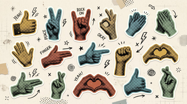 Hand gestures halftone art collage stickers set. Trendy magazine cut out signs with vintage dot texture and doodles. Fun retro grunge mixed media hand emoji collection for scrapbook art design.