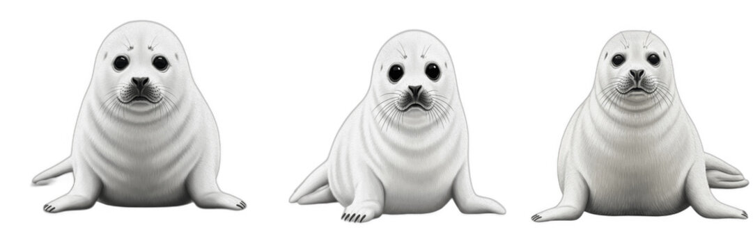 Set of Three Cute Baby Harp Seal Pups, Realistic White Fluffy Seal Pups Isolated on White Background, Adorable Arctic Animal Wildlife PNG Clipart for Educational Projects and Kids Design