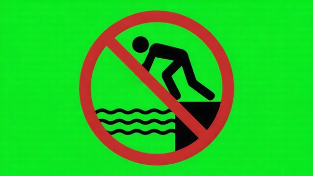 No diving safety prohibition sign with pictogram of person falling into water on green screen 4K video warning danger swimming hazard restricted warning danger swimming hazard 4K video