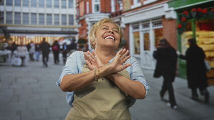 Fototapeta premium Woman clapping hands in apron on a busy shopping street lined with storefronts and market stalls, smiling broadly toward camera; cheerful greeting.