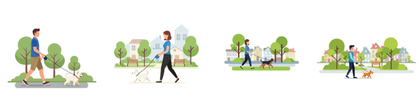 Diverse people walking their pet dogs in public parks and suburban neighborhoods, set of vector illustrations showing outdoor activity and animal care