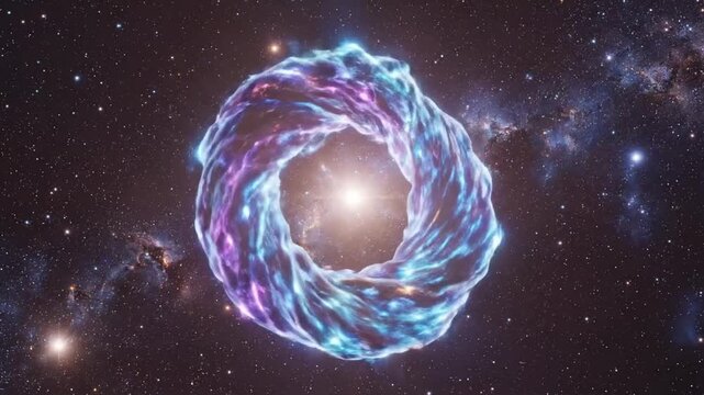 Spinning abstract multicolored shape in space with bright lights moving in the dark background