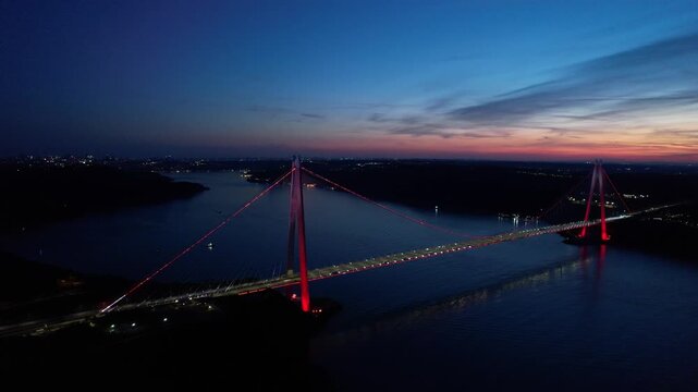 Yavuz Sultan Selim Bridge in Istanbul, Turkey. Aerial view at sunset with drone.