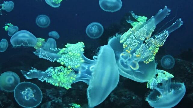Fluorescent jellyfish swim in dark water creating bright patterns