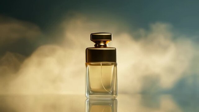 Elegant perfume bottle with flowing smoke in dramatic lighting on a reflective surface