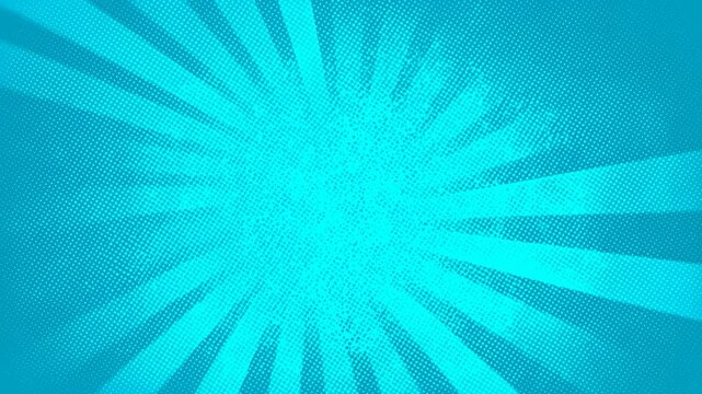 Panning shot of turquoise radial burst halftone graphic slowly sliding across abstract comic style background on digital studio backdrop with subtle lateral movement