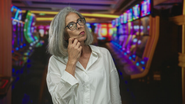 Woman points finger forward in casino aisle beside slot machines wearing glasses and white shirt; firm disapproval.
