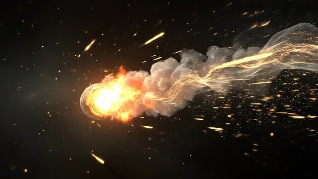 Fiery meteor streaks through starry night sky with smoke and sparks