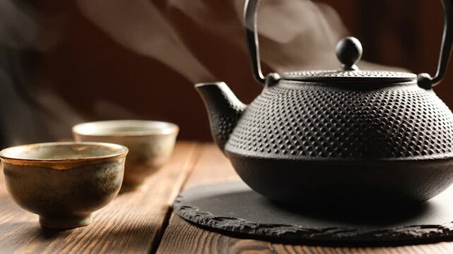 Traditional black cast iron teapot with steam rising alongside two ceramic tea cups on a rustic wooden table