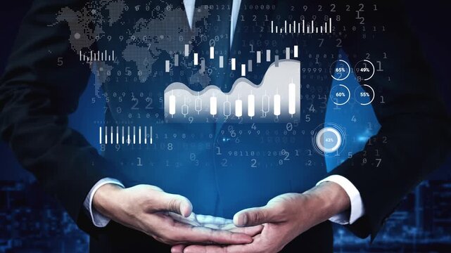 Businessman Presenting Digital Technology Concept with World Map and Data Visualization in Background for Financial Analysis and Innovation. Entropy.