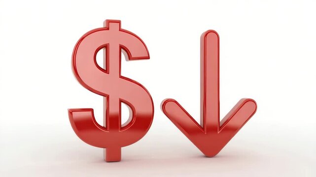 Red dollar sign and downward arrow on white background indicating financial decline or decrease 4k video