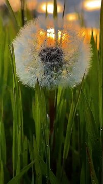 dandelion seed head glowing in the soft natural light