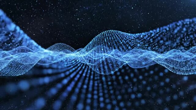 Celestial elegance abstract blue dot waves create a visual experience in dark space with floating shapes and flowing patterns
