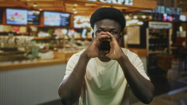 Young african american man cupping hands over mouth at a cafe counter inside a building, leaning forward toward camera; serious attention call.