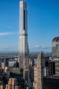 New york, usa august 22,2024. Steinway tower - 111 west 57th street - soaring above midtown manhattan skyline on a clear blue day, iconic supertall on billionaires' row