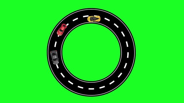 Top view of colorful toy cars driving on a circular loop road track. 3D animation loop with a green screen background.