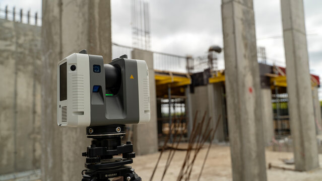 3D scanner mounted on tripod at construction site