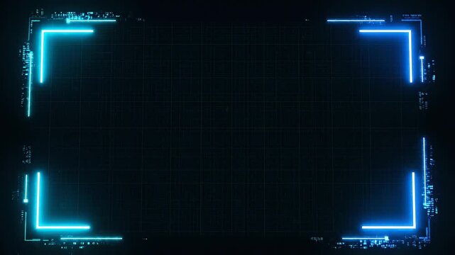 Futuristic digital interface with glowing neon blue corner elements and grid background