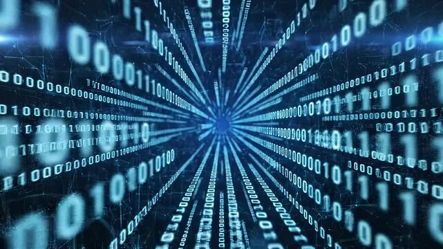 Abstract digital data stream with glowing binary code and network connections