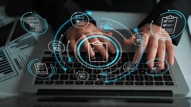 Modern Business Person Using Laptop for Workflow Management and Data Analysis with Digital Checklists and Icons Overlay for Productivity. Entropy.