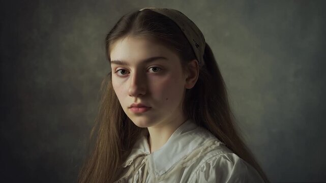 RITRATTO ARTISTICO DI GIOVANE DONNA IN STILE DIPINTO CLASSICO, ATMOSFERA VINTAGE E INTENSIT&Agrave; ESPRESSIVA