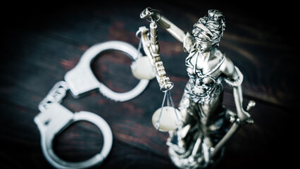 Metal statue stands beside handcuffs © I