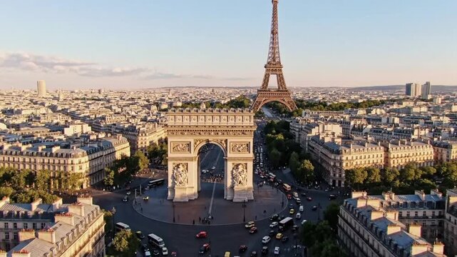 Aerial view of Triumph Arc and Eiffel Tower in Paris France in May