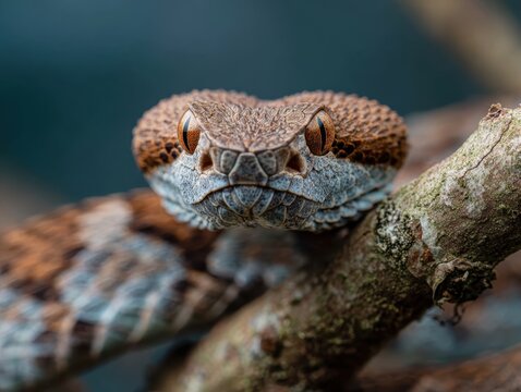Portrait of atheris hispida viper snake resting on branch wildlife scales detail animal predator venomous lurker danger and bright orange eyes 200 character