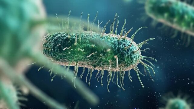 Microscopic view of rod-shaped bacteria with flagella swimming in a blue liquid environment