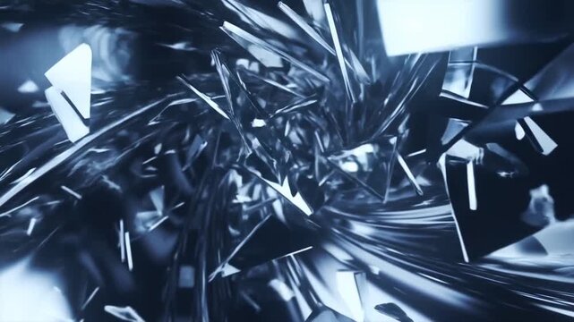 Tracking shot of metallic shards swirling and colliding in reflective tunnel interior with glossy blue silver surfaces and dynamic motion