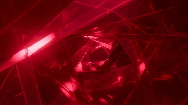 Tracking dolly slow motion of red glass shards rotating and reflecting light inside abstract crystalline studio interior closeup