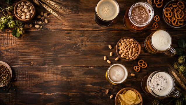 Top view of beer glasses and snacks on a rustic wooden table. Flat lay composition with copy space for text. International Beer Day background