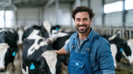 Obraz premium Male farmer in blue overalls smiles while standing among dairy cows inside a modern barn with bright lighting and clean surroundings in a cow farm setting