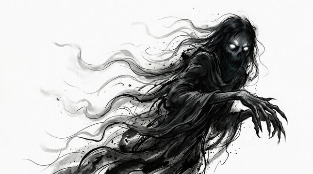 Spooky halloween ghost illustration ethereal specter with flowing hair in ink wash style