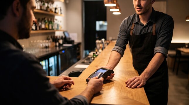 Customer paying with credit card at bar using portable payment terminal, modern POS system for secure transactions in a restaurant or cafe