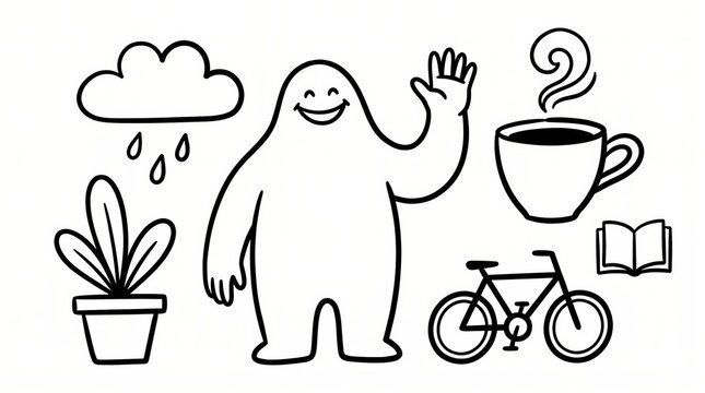 Smiling monster waving hand surrounded by rain cloud, potted plant, coffee cup, book and bicycle. Black and white line art doodle style for morning routine or weather concept
