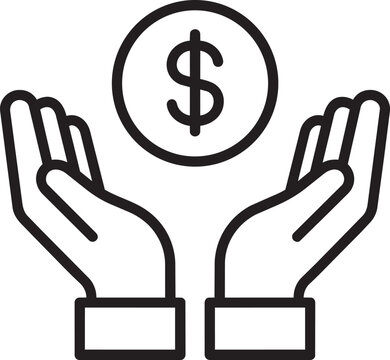 Two human hands catching receiving falling coin dropping charity beg hope support business finance simple linear graphic