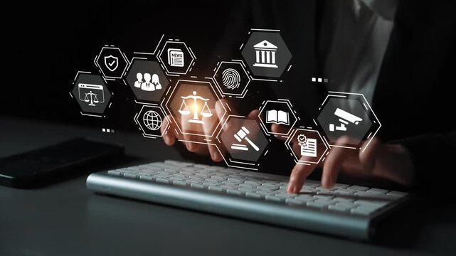 Business professional using keyboard with holographic legal icons, technology and law concept for modern legal solutions and digital transformation in law practice Gluon.
