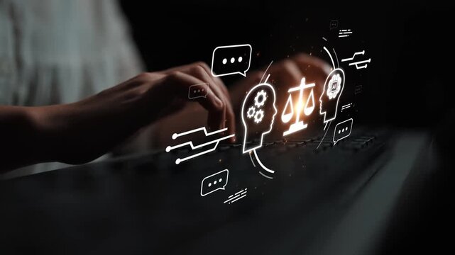 Digital Concept of Ethical Decision-Making with Technology and Law, Abstract Interaction of Human and AI for Justice and Fairness in Society Gluon.