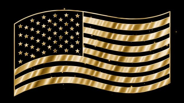 Golden waving USA flag overlay, ideal for patriotic campaigns, national celebrations, commemorative events, and ceremonial presentations with chroma key compatibility